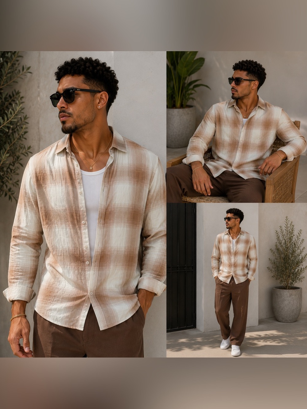 New Magaschoni light brown cream plaid button up - M